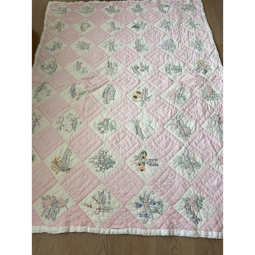 Vintage 48 US State Flower Quilt Embroidered Pink Checkered Handmade